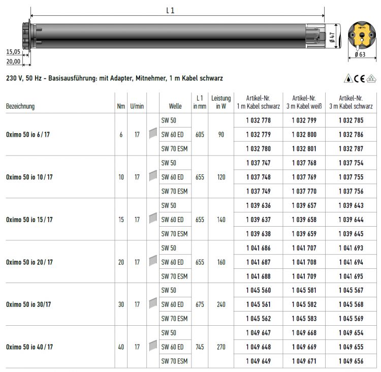 Somfy Oximo 50 io 6/17 Rollladenmotor SW 50 #1032778 #1032785 #1032799